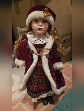 Victorian-Style Porcelain Holiday Doll in Red Velvet and Plaid